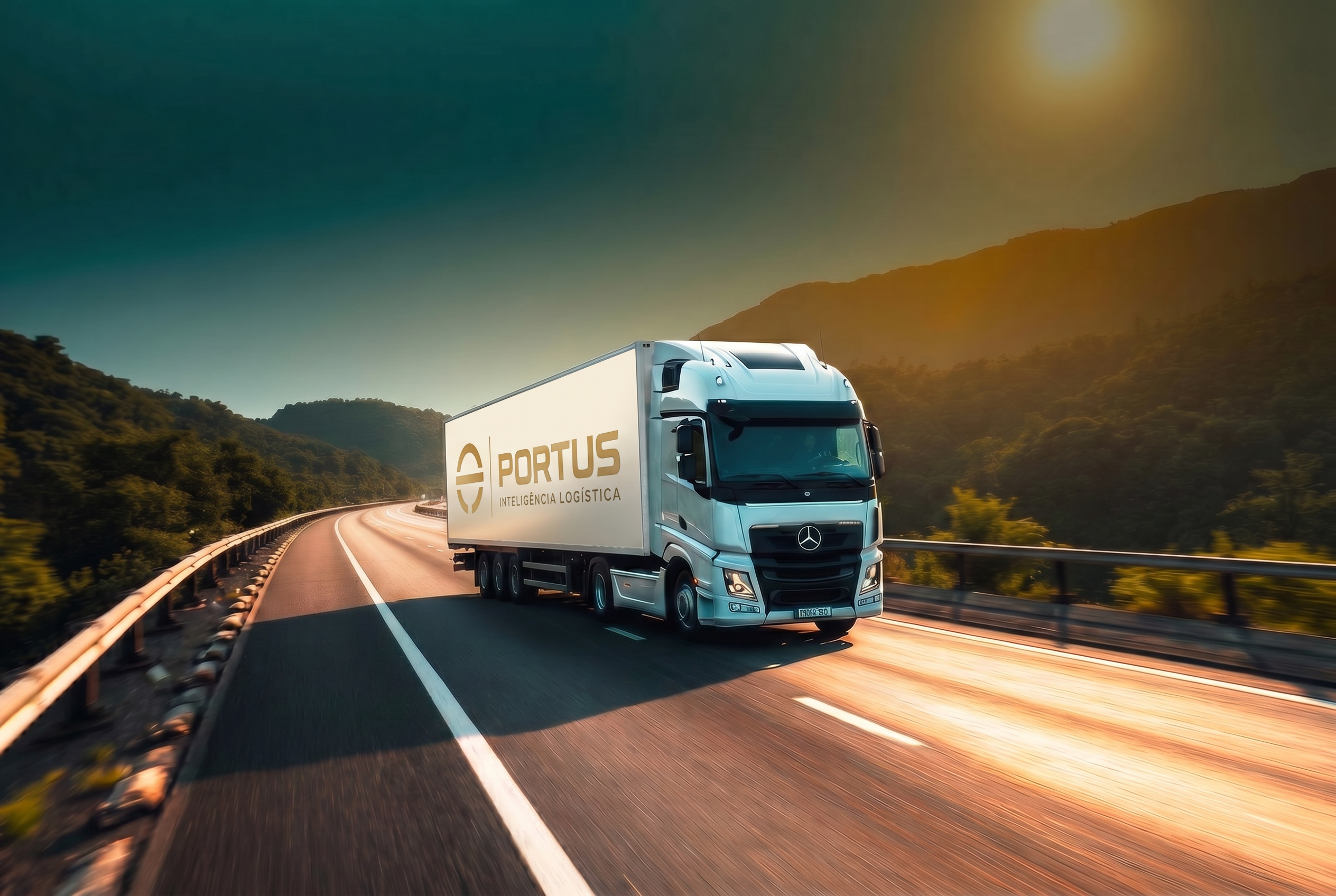 Caminhão em rodovia ao entardecer, operação logística Portus